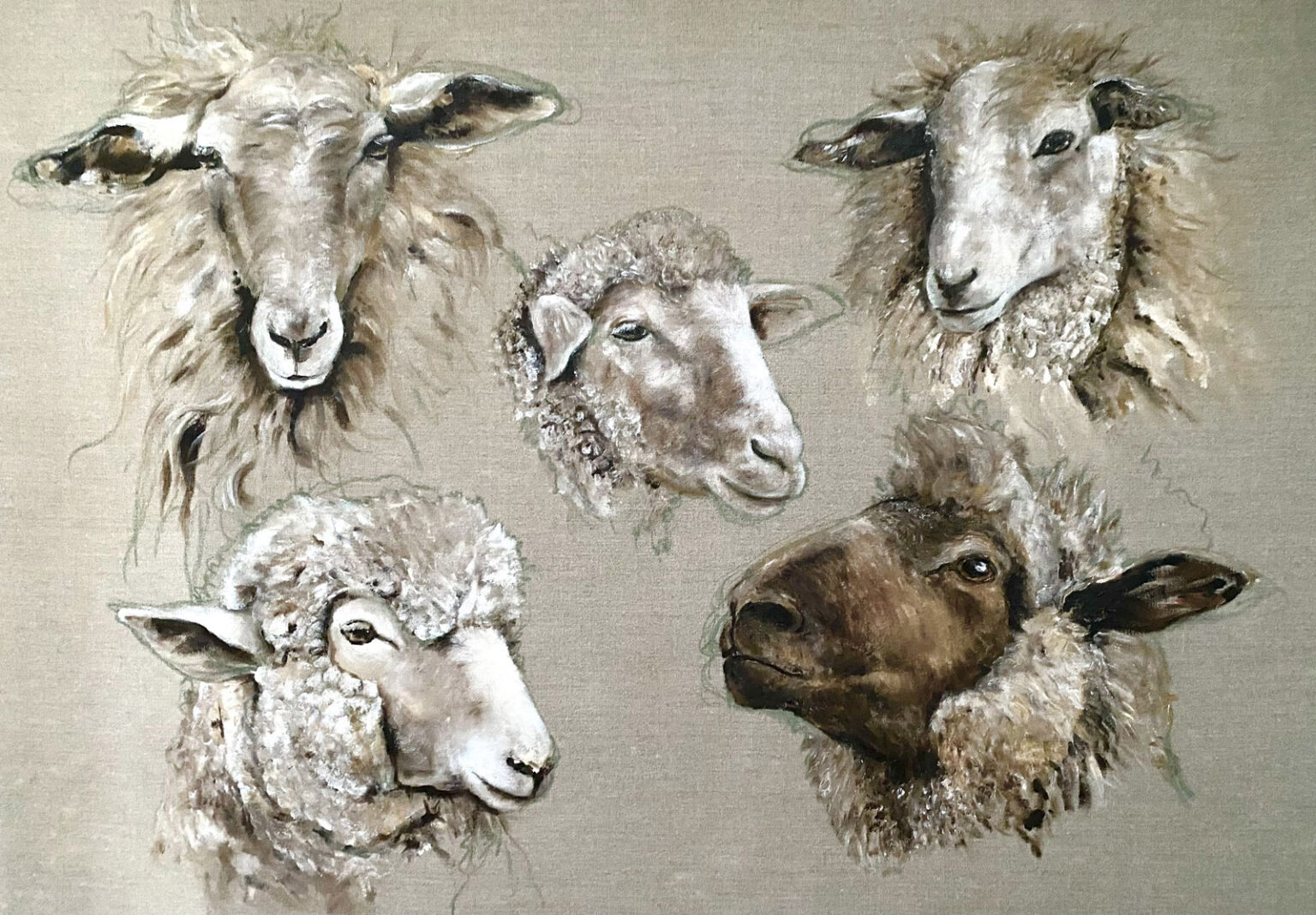 "Schafsköpfe", Ölkreide/Acryl auf Leinwand, 110cm x 160cm, 2024
