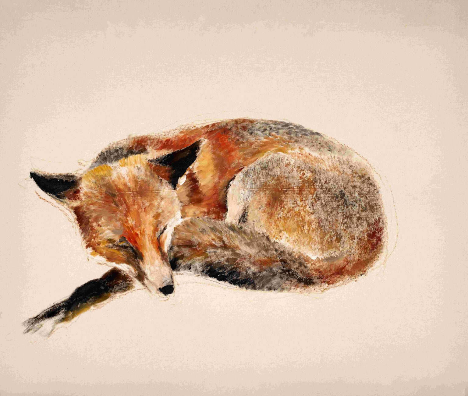 "Schlafender Fuchs", Ölkreiden, Akryl auf Leinwand, 115 cm x 98 cm, 2015
